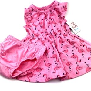 Baby Dress Girls Size 3m Infant 2pc Matching Set Pink Flamingo Summer Children